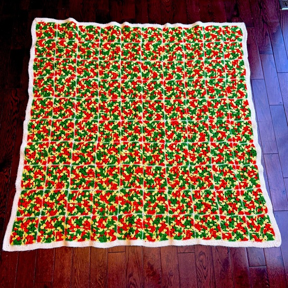 Vintage 1970s Hand Crochet Green Orange Yellow White Afghan Cottagecore Blanket